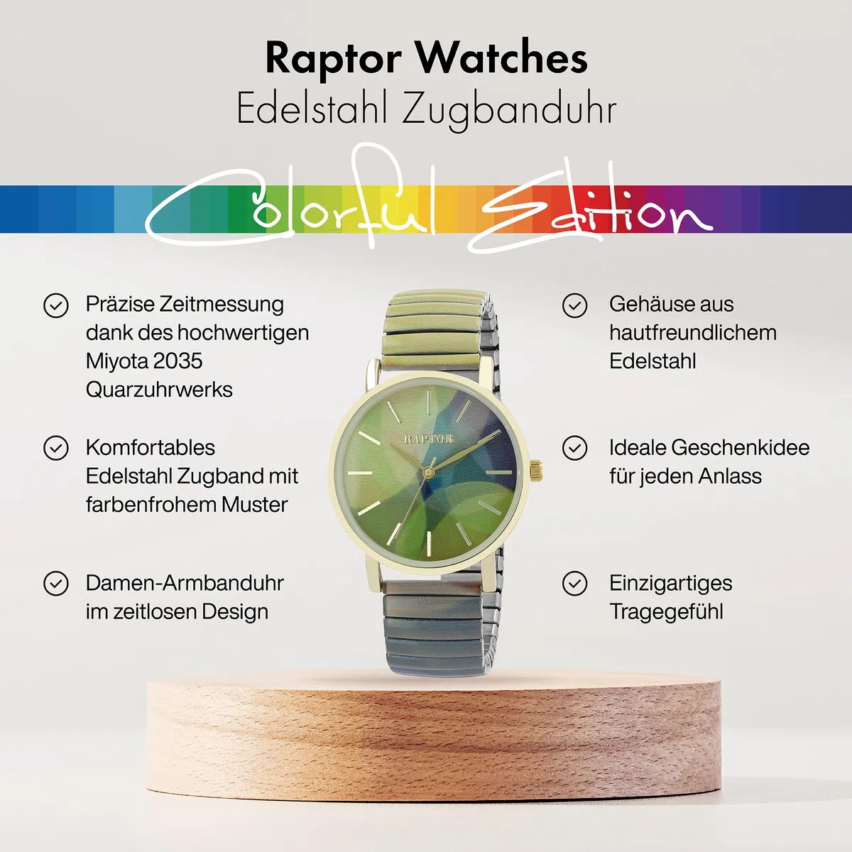 Raptor Colorful Edition Ausgefallene Damenuhr Bunt | Armbanduhr Damen außergewöhnlich mit Zugarmband | Besondere Damenarmbanduhr – Modische Uhr Frauen Senioren