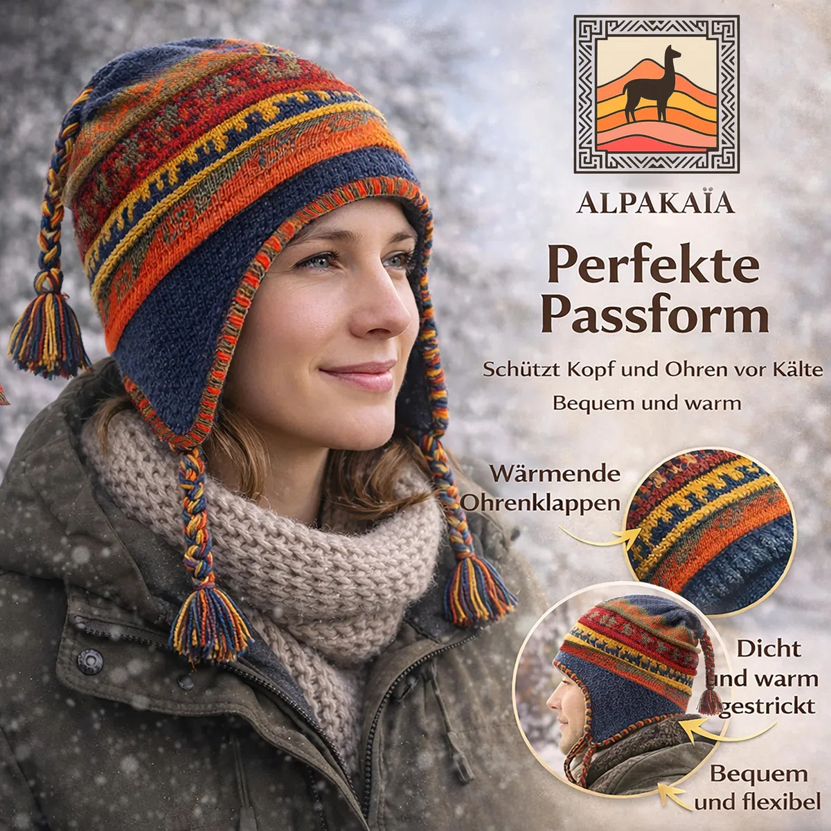 Alpaka Wollmütze Herren Damen – Warme Wintermütze aus Baby Alpaka – Handgemachte Ethno Strickmütze im Peru Stil mit Ohrenschutz für Outdoor, Ski, Reisen & kalte Wintertage – Weich & Atmungsaktiv