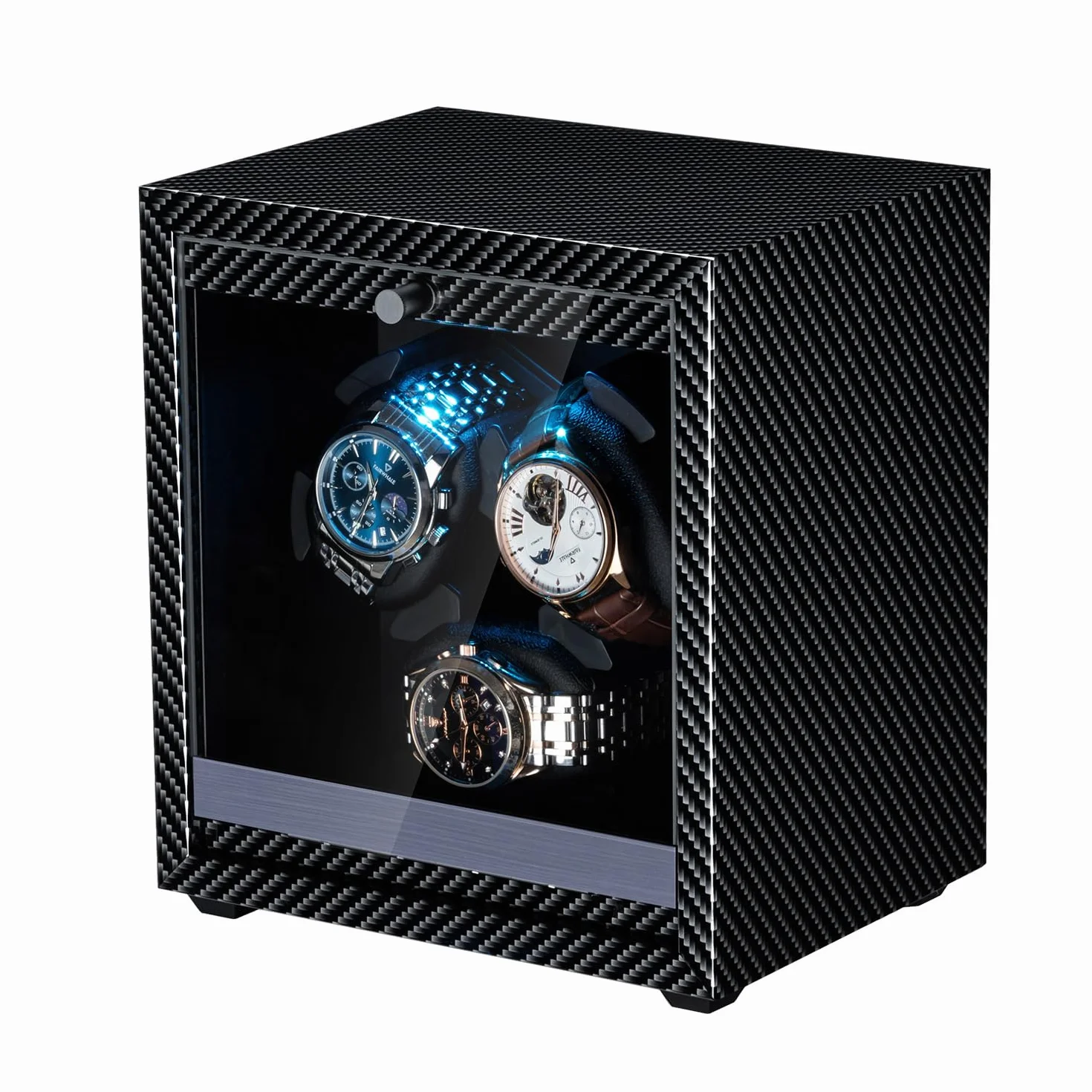 Mcbazel Uhrenbeweger 3 Uhren, Automatischer Uhrenwinder mit LED-Licht, Watch Winder Leiser Motor Eleganter Uhrenwinder für 3 Uhren bis 45 mm, 4 Rotationsmodi, USB DC Betrieben - Carbonfaser-Muster