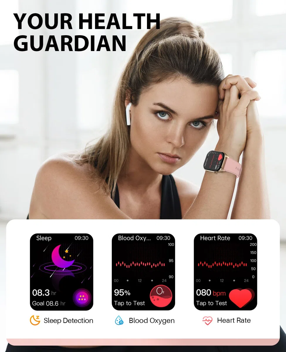 SOUYIE Smartwatch Damen mit Telefonfunktion, 2.04” AMOLED Touchscreen IP68 Wasserdicht Sportuhr mit Blutdruckmessung Pulsmesser Schlafmonitor SpO2 Menstruationszyklus, Uhren für iOS Android