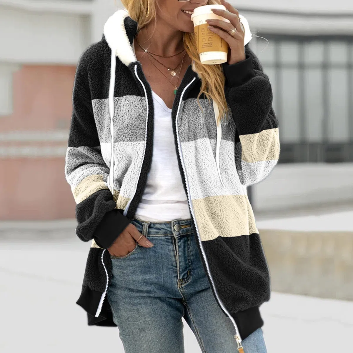 Verdickter Damen-Übermantel, einfarbig, warm, mit Fleece gefüttert, mit Reißverschluss, Umstands-Fleece-Jacke