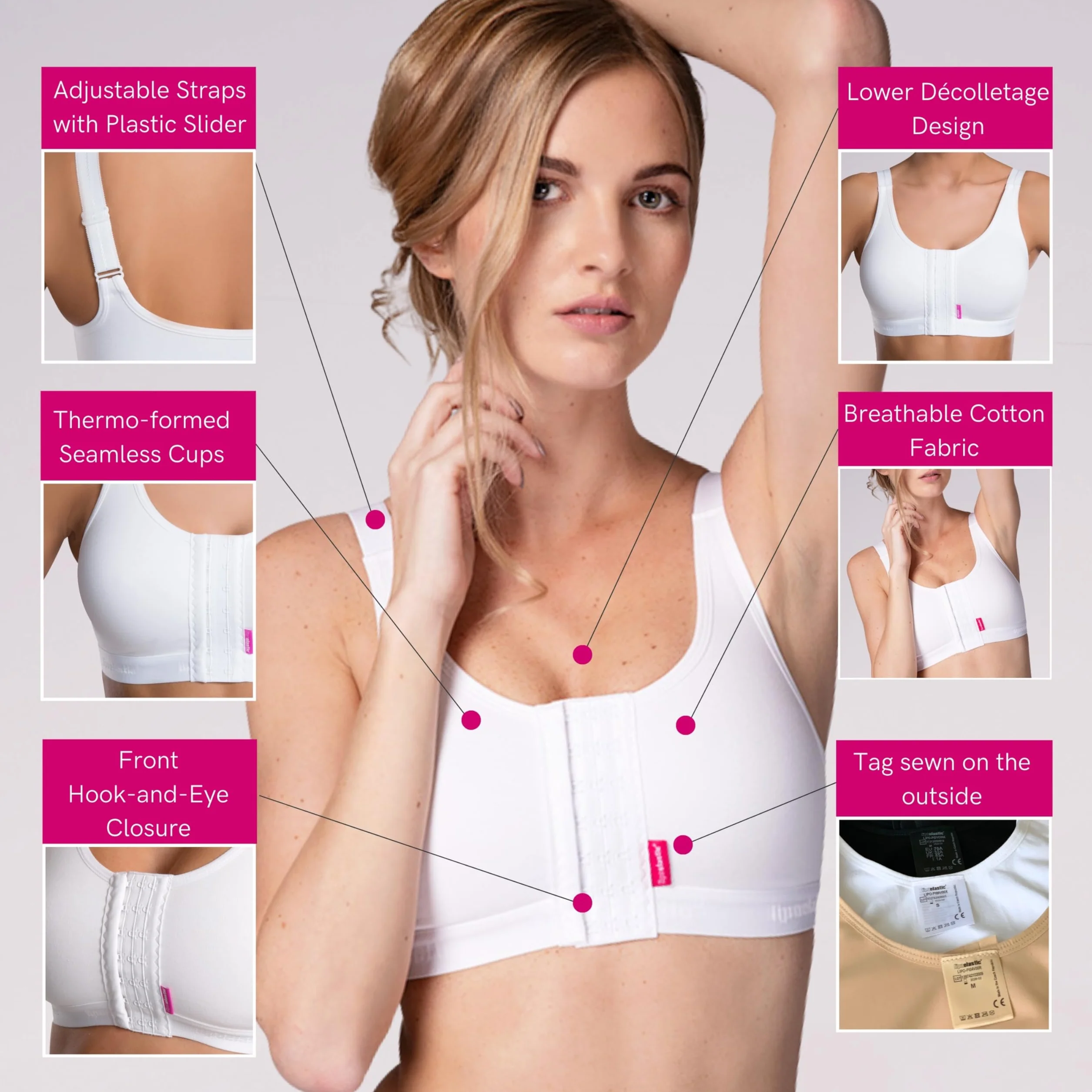 LIPOELASTIC Kompressions-BH PI Active – Nahtloser postoperativer BH aus Baumwolle | postoperativer Stütz-BH & Sport-BH nach Einer Brust-OP, Mastektomie BH, medizinischer BH