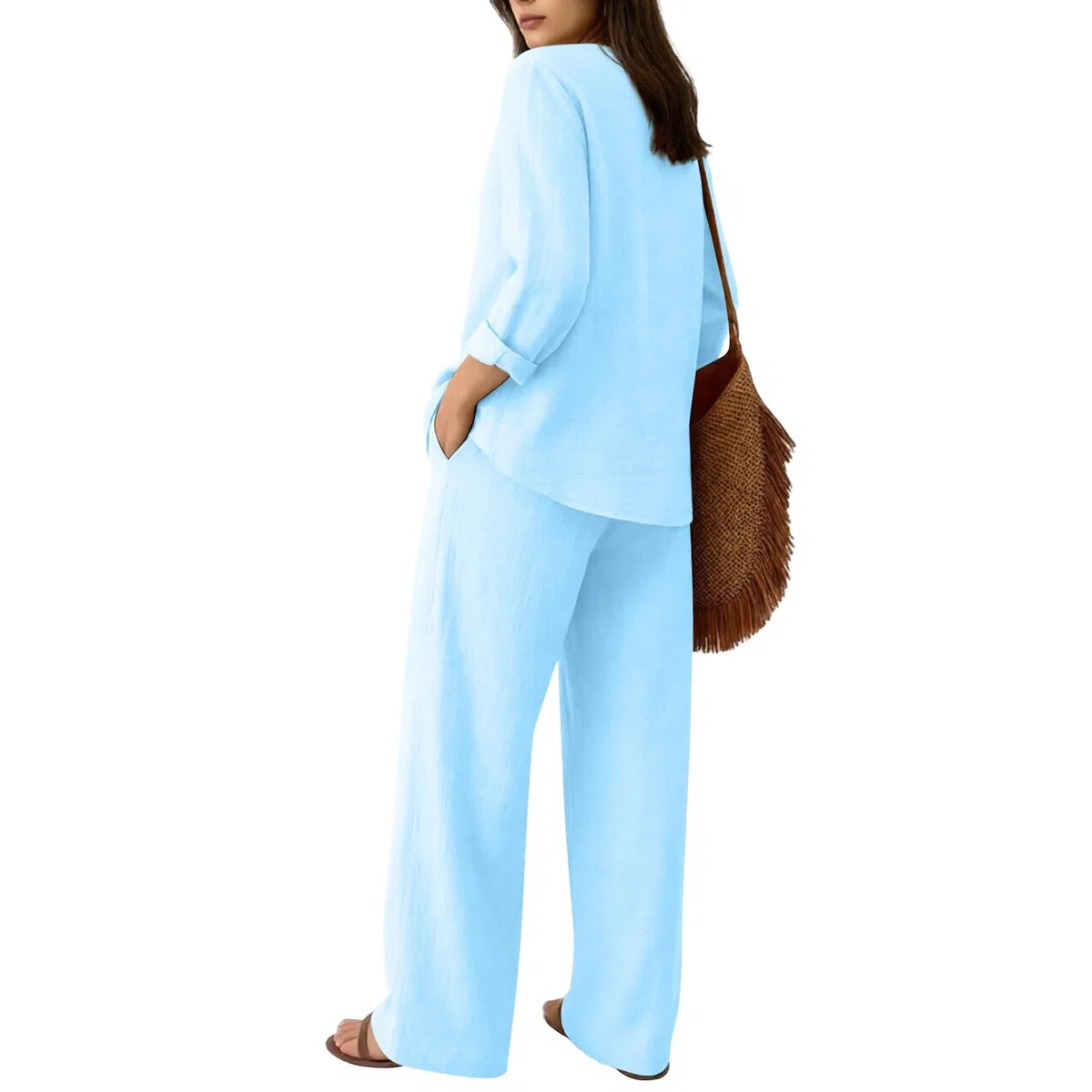 Zweiteiler Damen Sommer Musselin Bluse Hosenanzug 2 Teiler Leinen Hemd Elegant Lounge Set Leicht Loungewear Anzug Freizeitanzug Strand Outfit Kleidung,Jogginganzug Damen Set,Leicht Casual