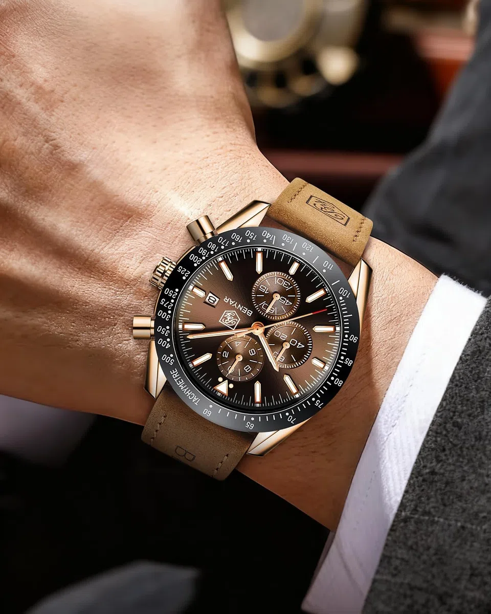 BENYAR BY herrenuhr Braun Leder Strap Quarz Chronograph Uhr Männer Datum Kalender Wasserdicht Armbanduhr Herren Sport mit Blau/Schwarz Zifferblatt