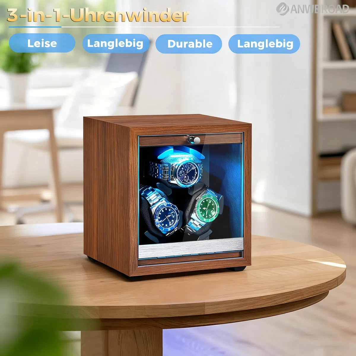 ANWBROAD Uhrenbeweger für Automatikuhren 3 Uhrenrotatoren mit LED und 4 Rotationsmodi Holz Superleiser Japanischer Motor Memory Foam-Kissen mit Adapter Geschenk für den Mann JWW013M