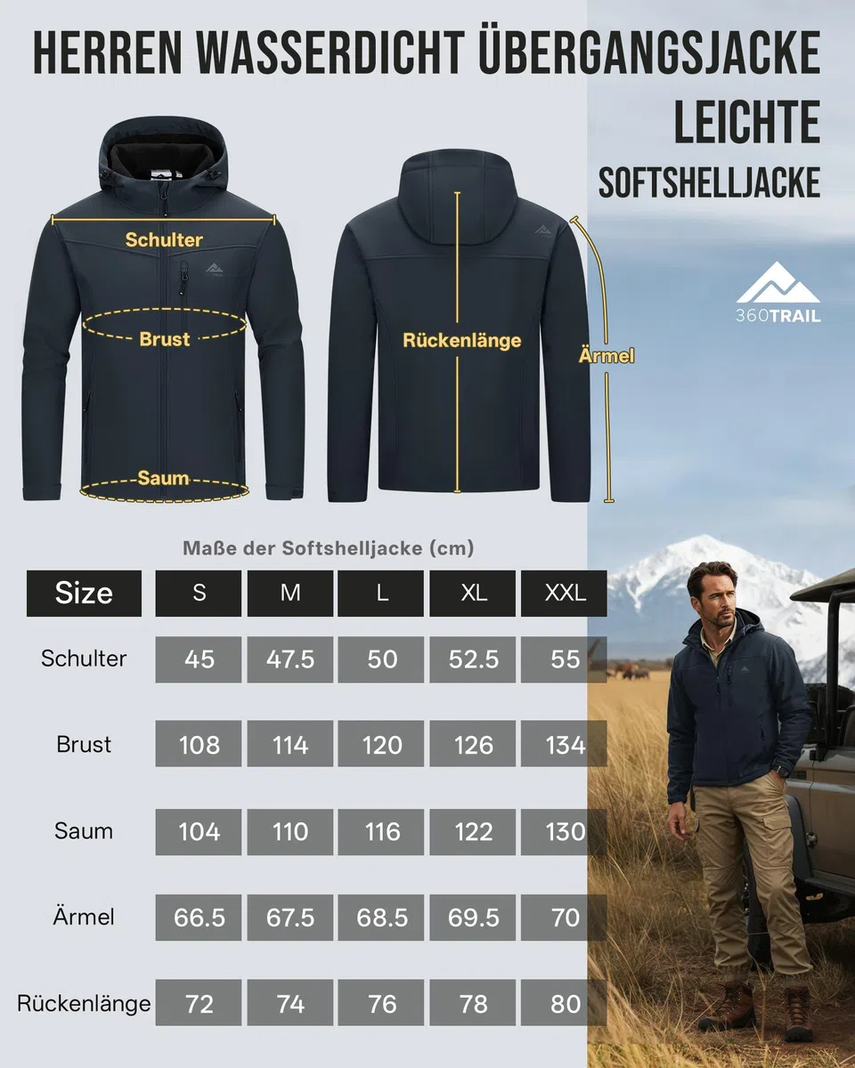 Softshelljacke Herren Wasserdicht Übergangsjacke Atmungsaktive Regenjacke Outdoorjacke Wanderjacke Funktionsjacke mit kapuze