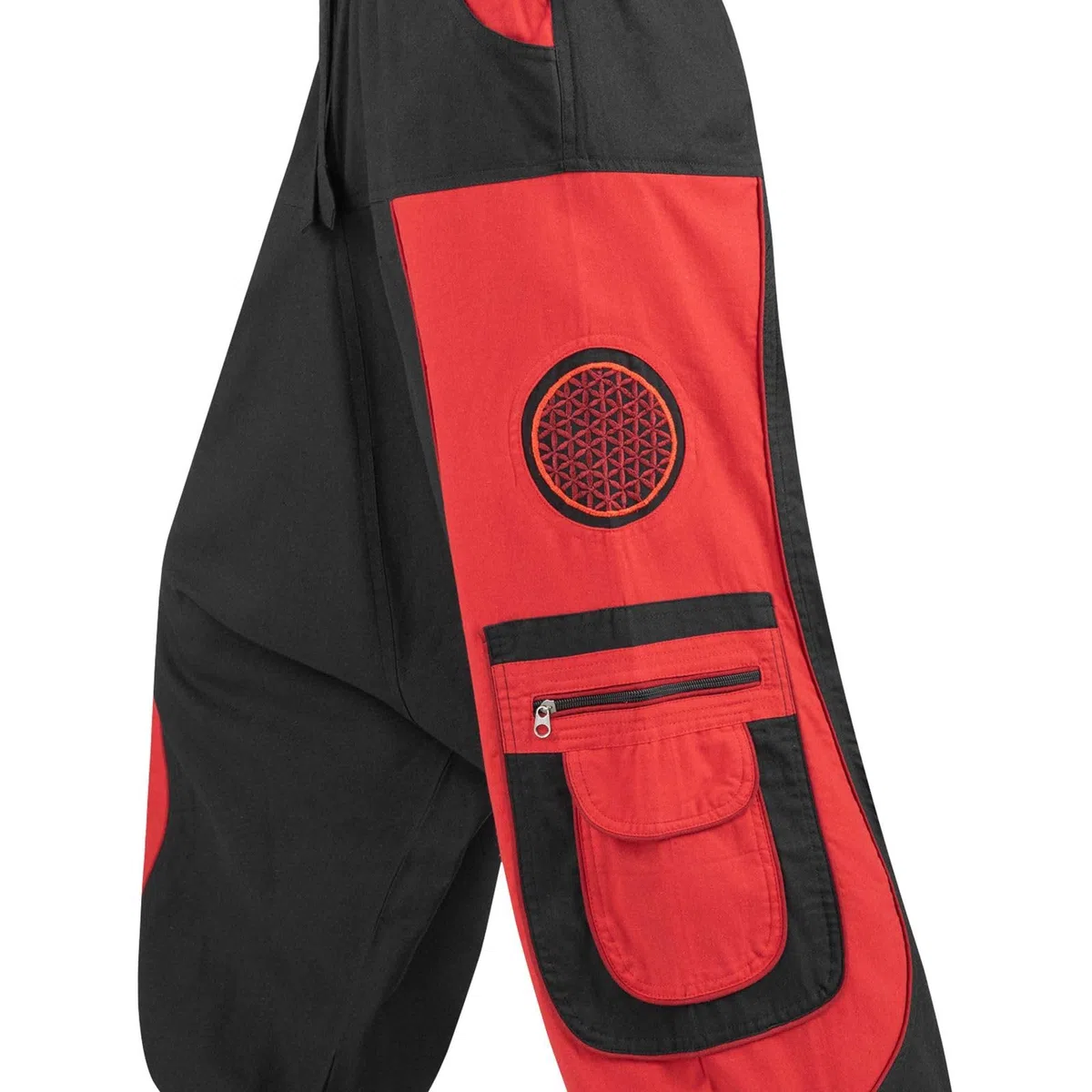 Kunst und Magie Flower of Life Hippie Haremshose Goahose Cargohose, Größe:5XL, Farbe:Schwarz/Rot