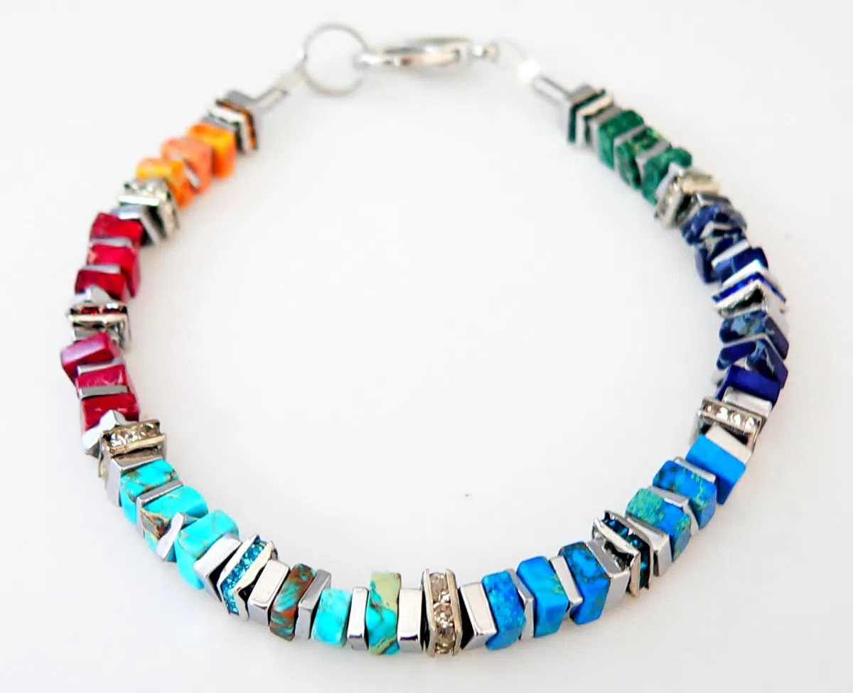 Generisch Halskette, Kette, Collier Armband Ohrringe Schmuck Set, Edelstein Impressions Jaspis, Quadrate Hämatit Strass mehrfarbig multicolor bunt