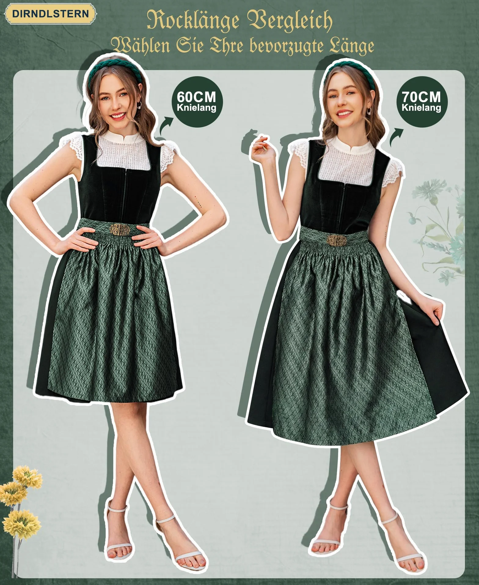 DIRNDLSTERN Damen Trachtenkleid Grün - Trachtenrock Midi Samt Dirndlkleid Oktoberfest Outfit mit Dirndlschürzen