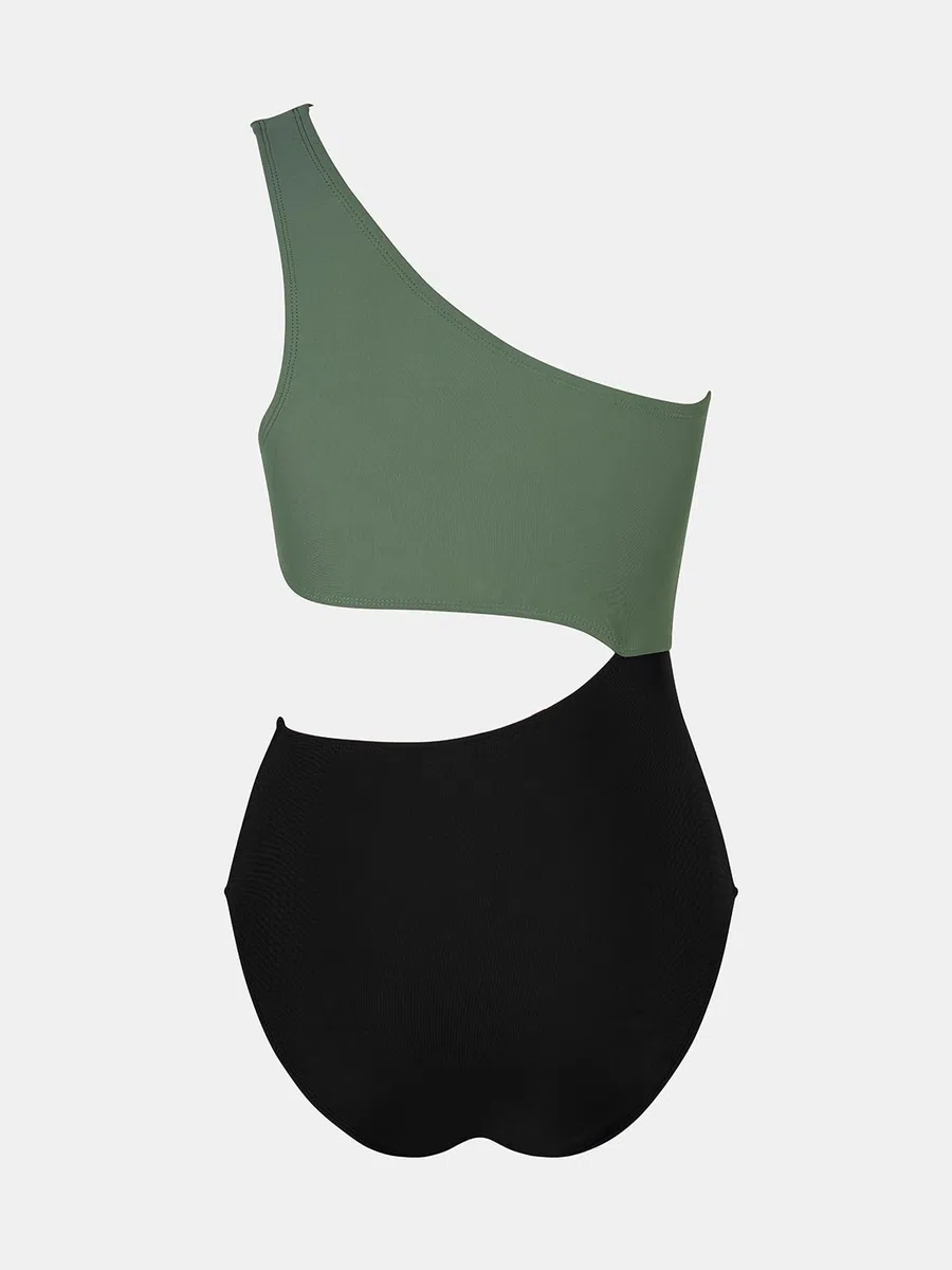 CUPSHE Damen Badeanzug One Shoulder Raffung Farbblock Breite Träger Asymmetrische Einteilige Bademode Swimsuit