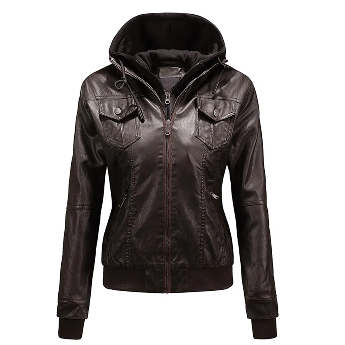 Winterjacken für Damen, Herbst/Winter, Lederjacke, kurzer kurzer kurzer Kapuzenpullover, abnehmbare gefütterte Motorradjacke, Übergröße, leichte Wintermäntel