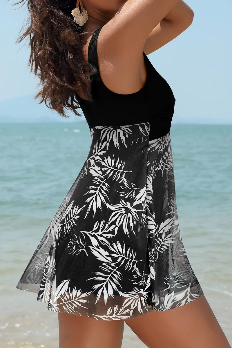 SHEKINI Damen Mesh Einteilige Badeanzug Badekleid Ruched Bauchweg V-Ausschnitt mit Brustpolstern Schwimmkleid Große Größe Baderock Badeanzugkleid