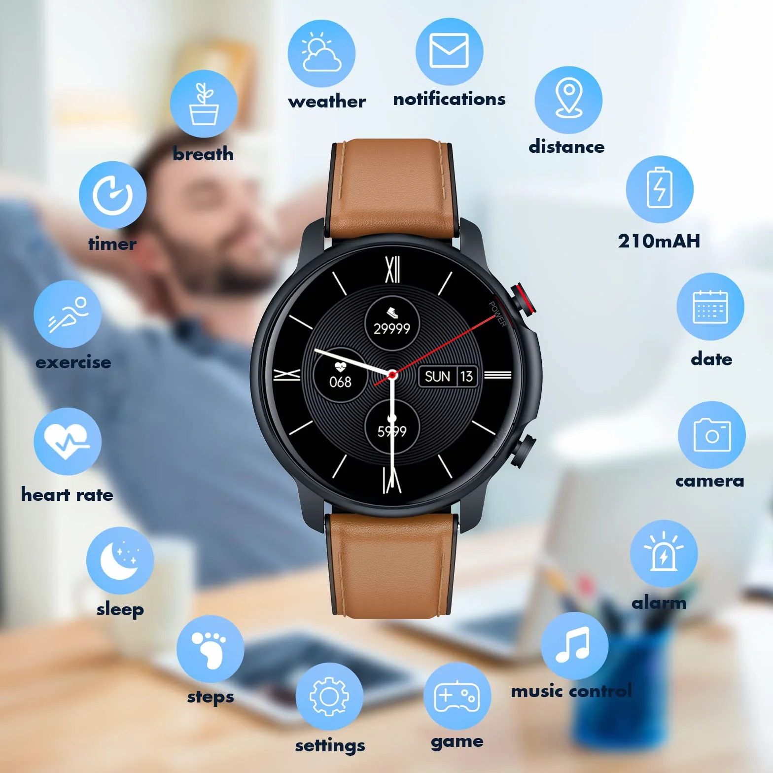 Smartwatch Herren Fitnessuhr Armbanduhr Uhr - 1,32 Zoll Runde Männer Sportuhr Wasserdicht ip68 Schrittzähler Blutdruckmessung Pulsmesser Kalorienzähler Bluetooth Kompatibel Android mit ios (Braun)