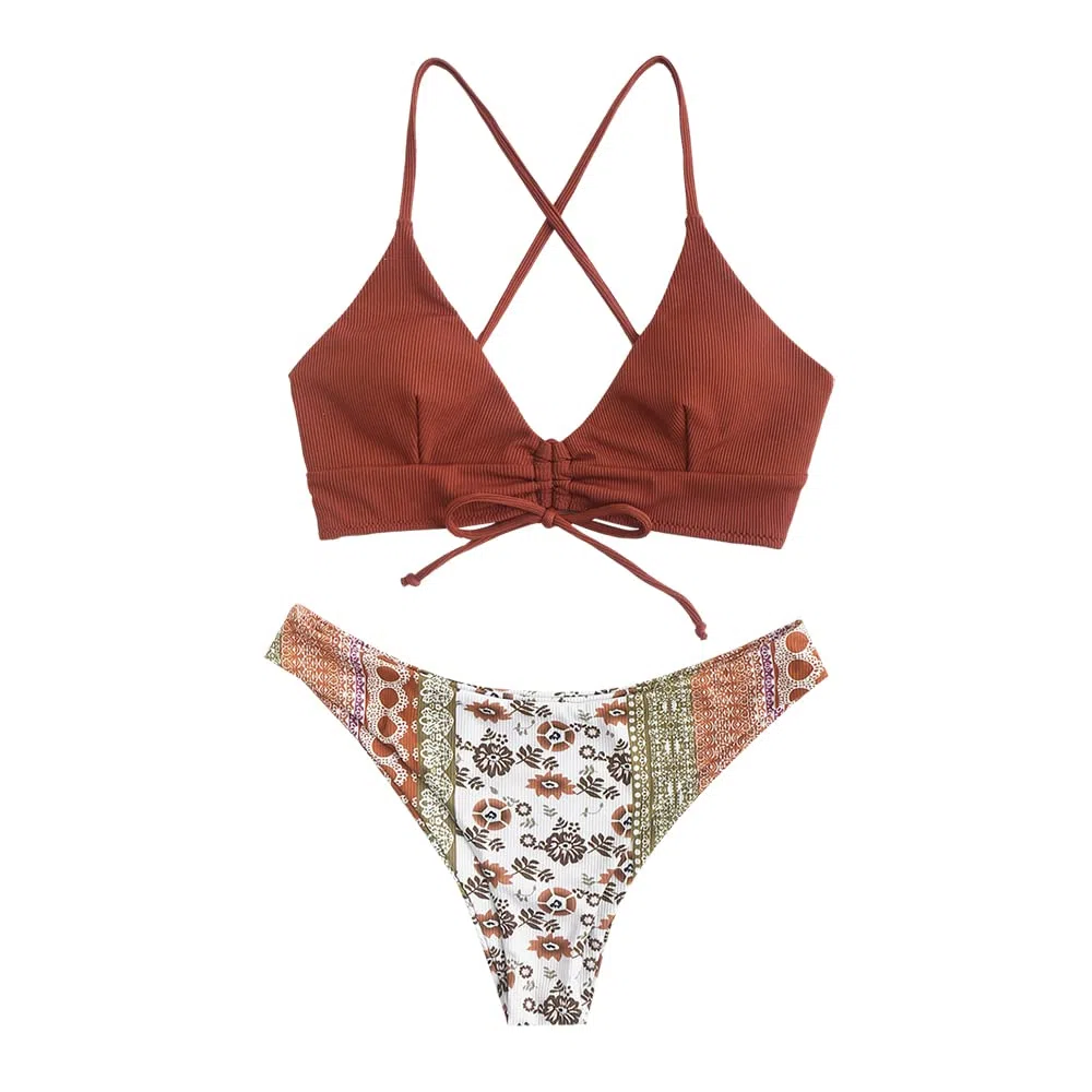 ZAFUL Damen Zweiteilig Bikini-Set mit verstellbarem BH Push-Up Rücken, Triangle Bustle Badehose mit Blummenmuster