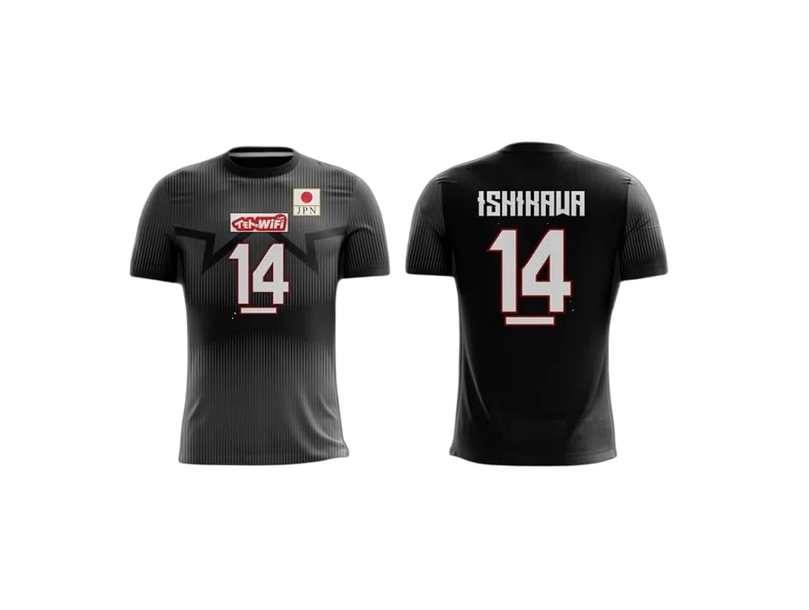 Japanisches Volleyball-Trikot, Ishikawa Nr. 14, genähte Logo-Flagge, Rot und Schwarz