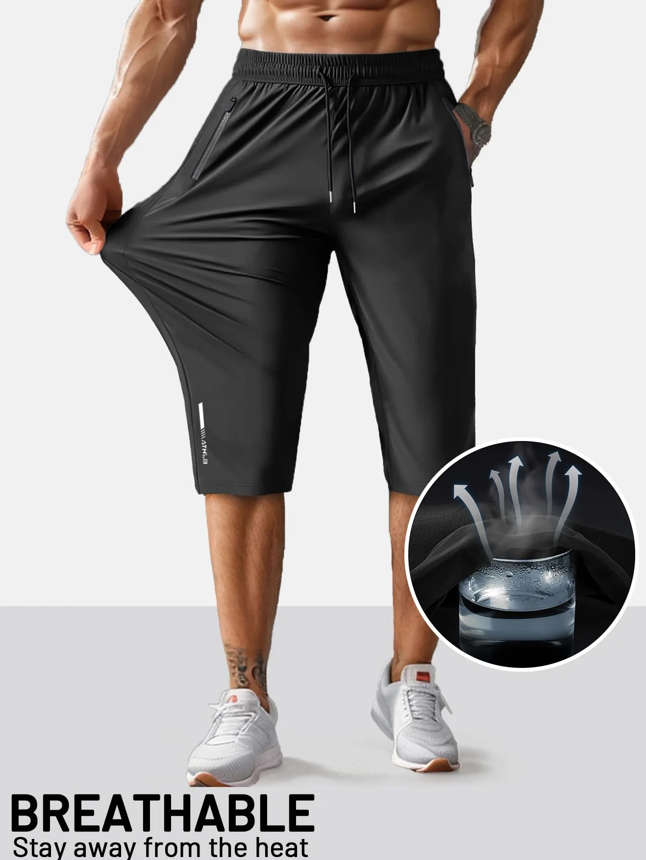 Hidkat Herren-Caprihose,3/4-Jogginghose,Fitness/Training/Wandern,Knielang,leicht,schnell trocknend,mit Reißverschlusstaschen