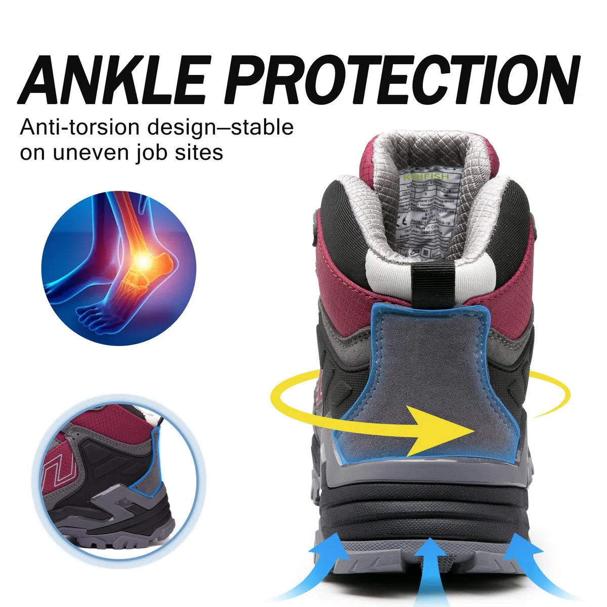KOIFISH Arbeitsschuhe Sicherheitsstiefel S3 ESD Wasserdicht Herren Damen | Synthetikleder+geschlossene Zunge, Kompositkappe+Kevlar, EN ISO 20345, Rutschfeste+Abriebfeste Sohle, Arbeit+Alltag