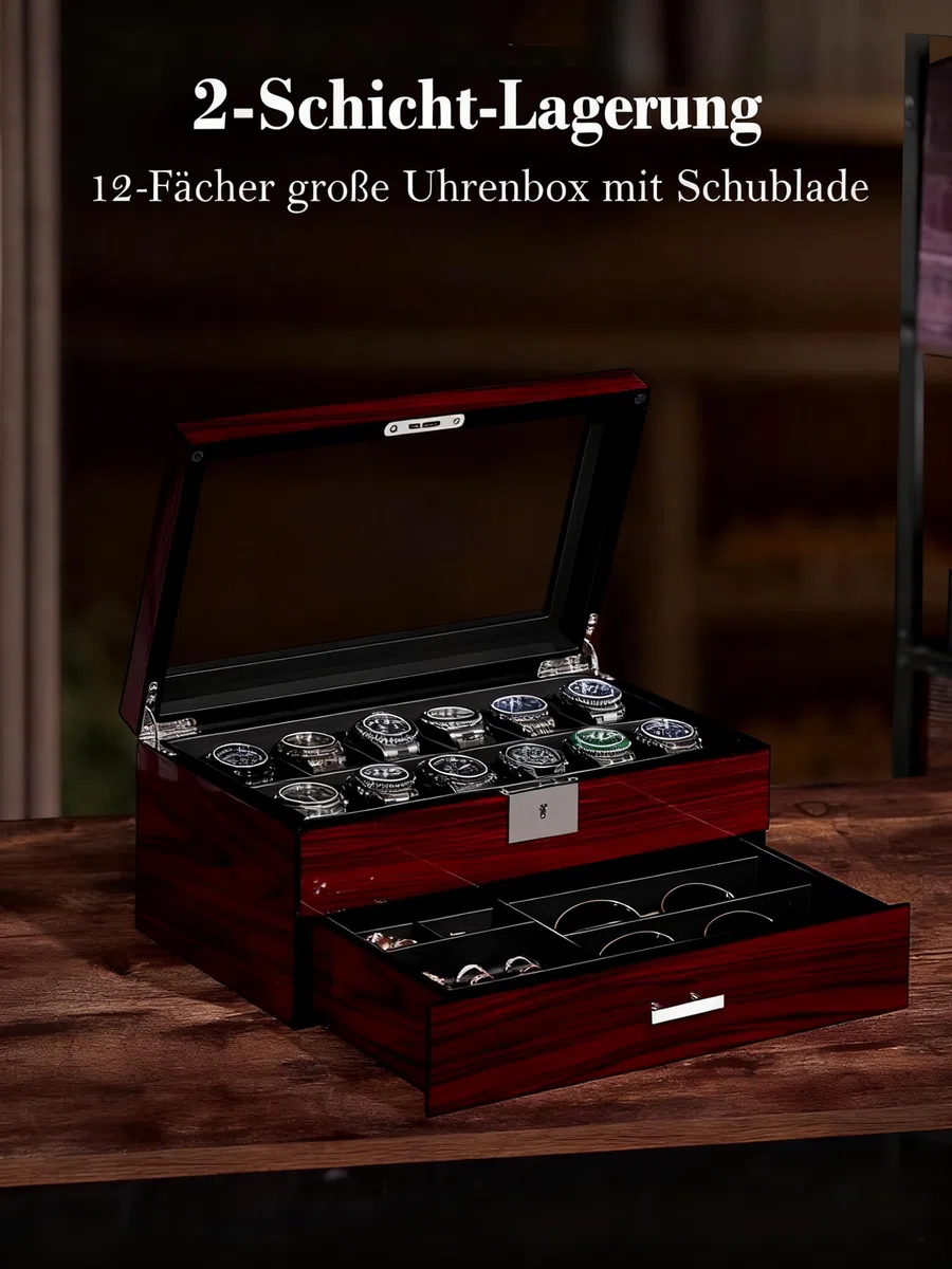 ANWBROAD Uhrenetuis Für Herren Uhrenbox Mit 12 Fächern und Großem Glasdeckel 2 Stufige Uhrenvitrine Abschließbarer Uhren Organizer Luxuriöser Uhrenhalter für Geschenk Geeignet JWB003Y