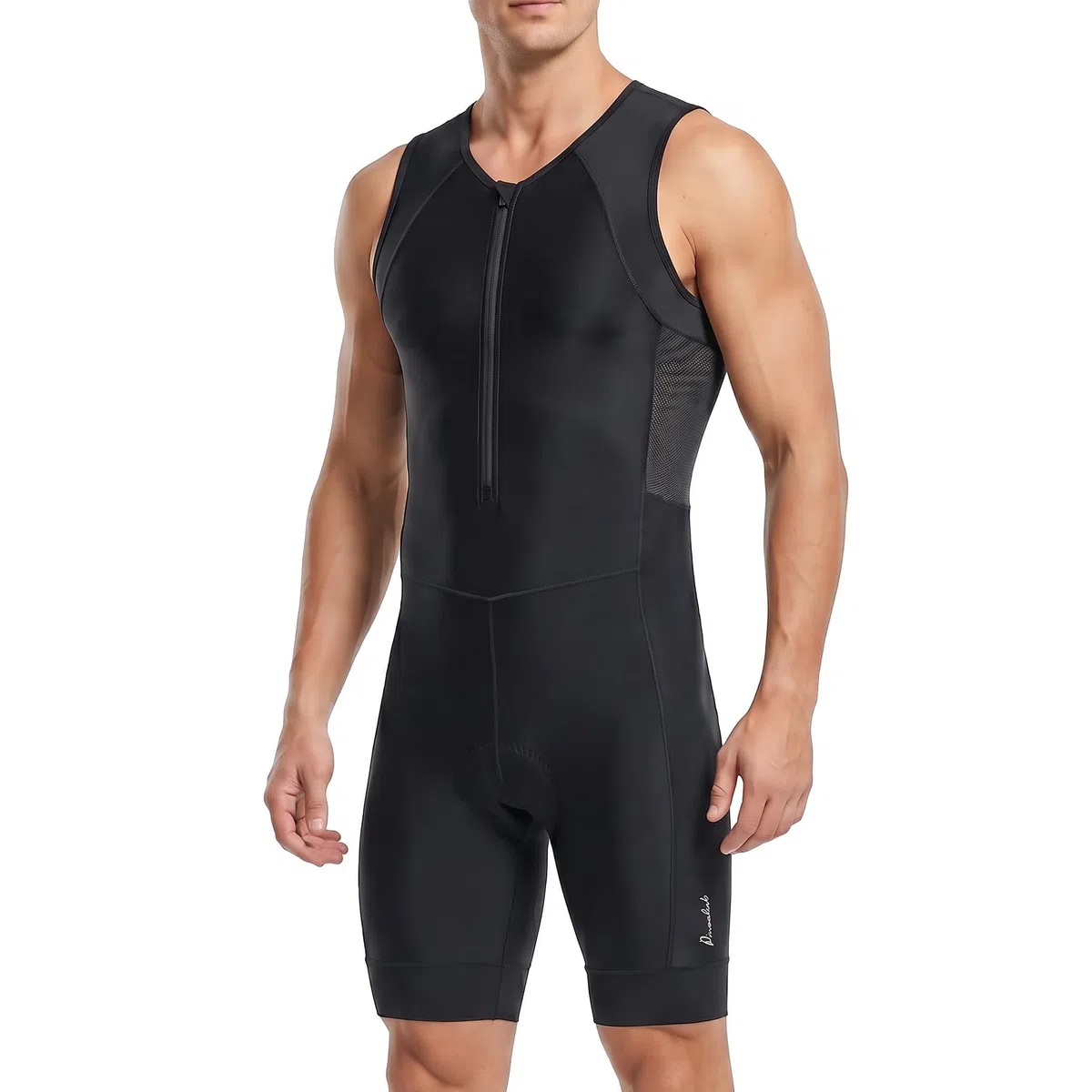 Przewalski Herren Triathlon Anzug Ärmellos Trisuit mit Polster Half-Zip 2 Rückentaschen für Swim Bike Run