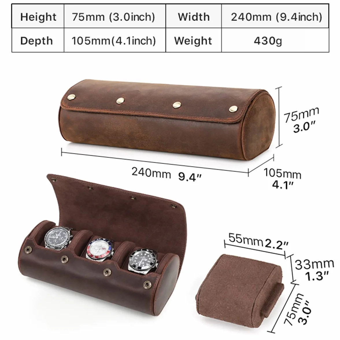 Hiram Echtes Leder 3 Uhren Reiseetui Rolle Handgefertigte Reiseaufbewahrung Uhrenbox Tragbarer Schmuck Organizer