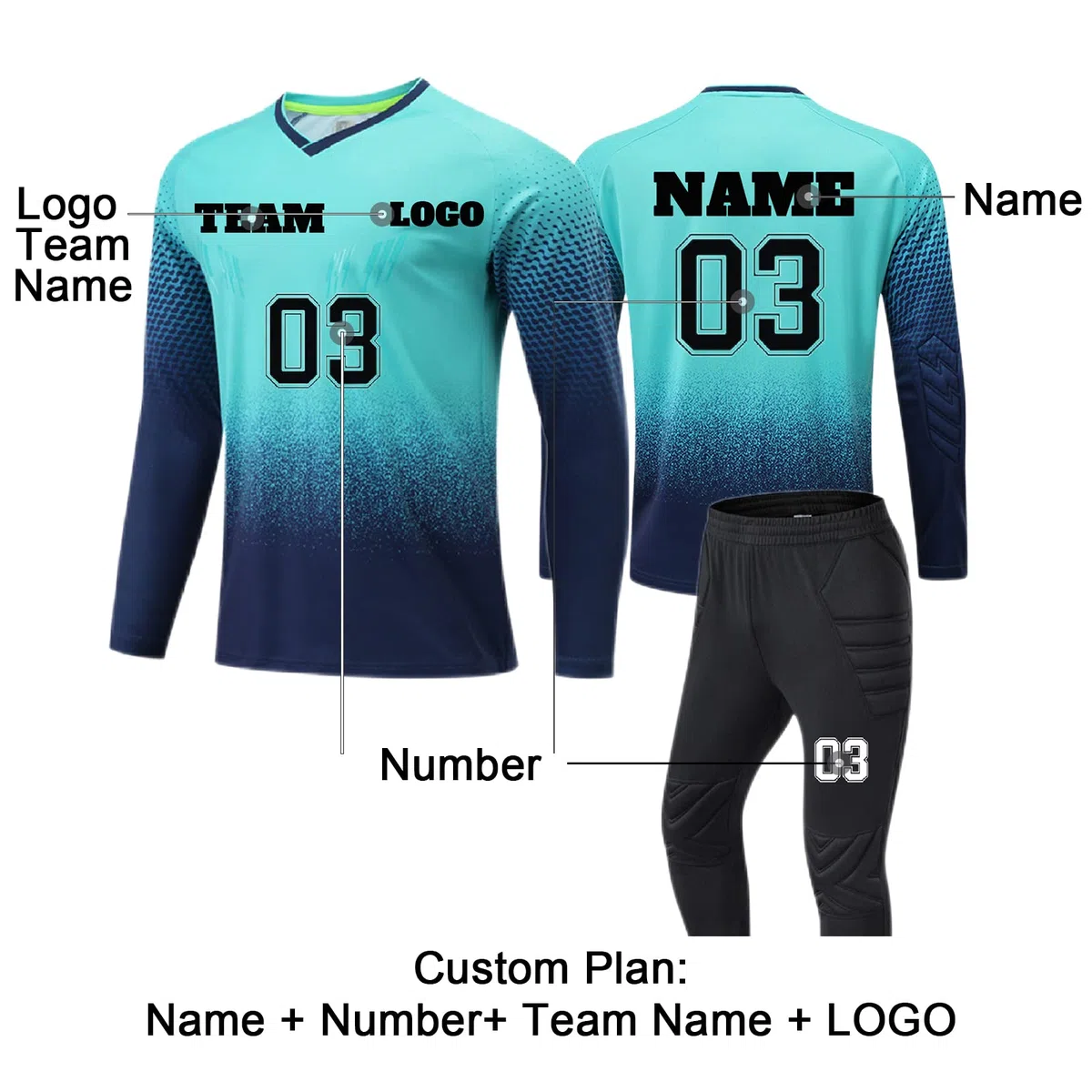 Fußball-Torwarttrikot für Herren Kinder, Torwart Trikot Set Damen Langarm & Hose Individuelles Personalisiertes Trikot Mit Name + Nummer + Logo Jungengeschenk