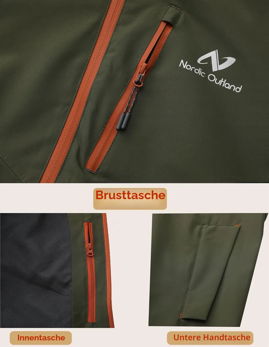 NORDIC OUTLAND Regenjacke für Herren, wasserdicht, atmungsaktiv, langer Regenmantel mit Kapuze, Netzfutter, Windbreaker für Outdoor-Aktivitäten
