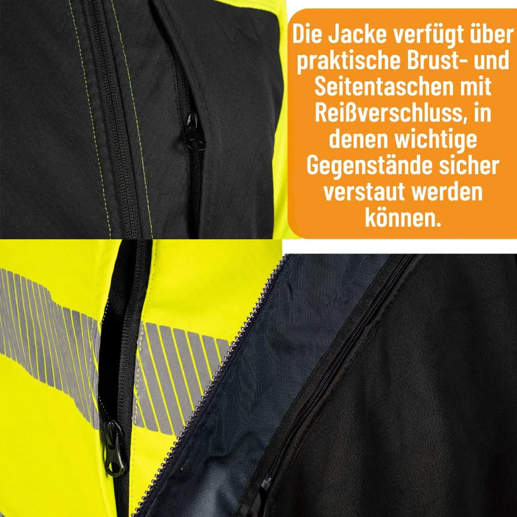 NEO TOOLS Warnschutz Softshell Jacke Klasse - Gelb/Schwarz, Reflektierende Streifen, Taschen mit Reißverschluss, Verstellbare Ärmel, Namensschild für Bau, Straße & Lager