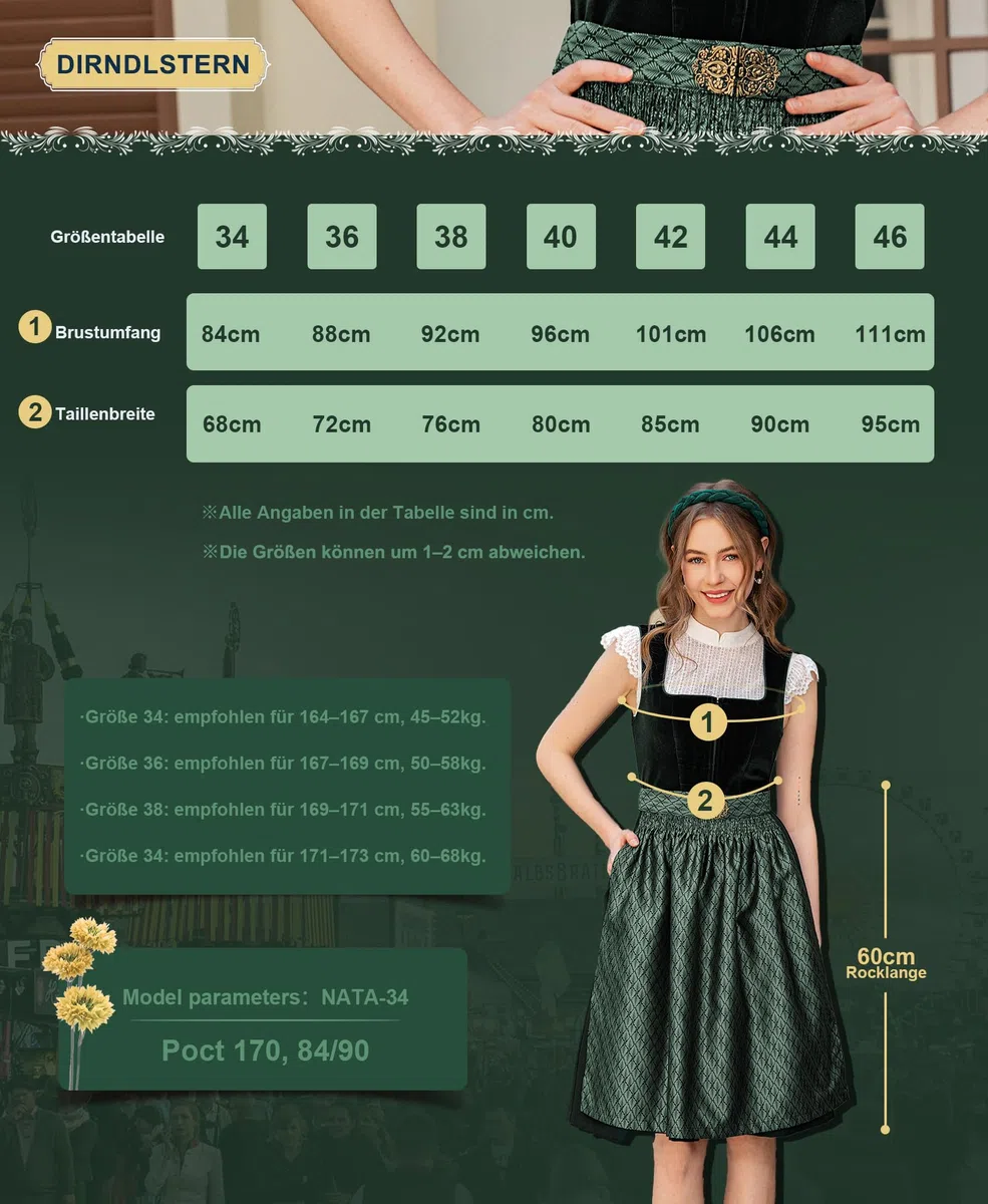 DIRNDLSTERN Damen Trachtenkleid Grün - Trachtenrock Midi Samt Dirndlkleid Oktoberfest Outfit mit Dirndlschürzen