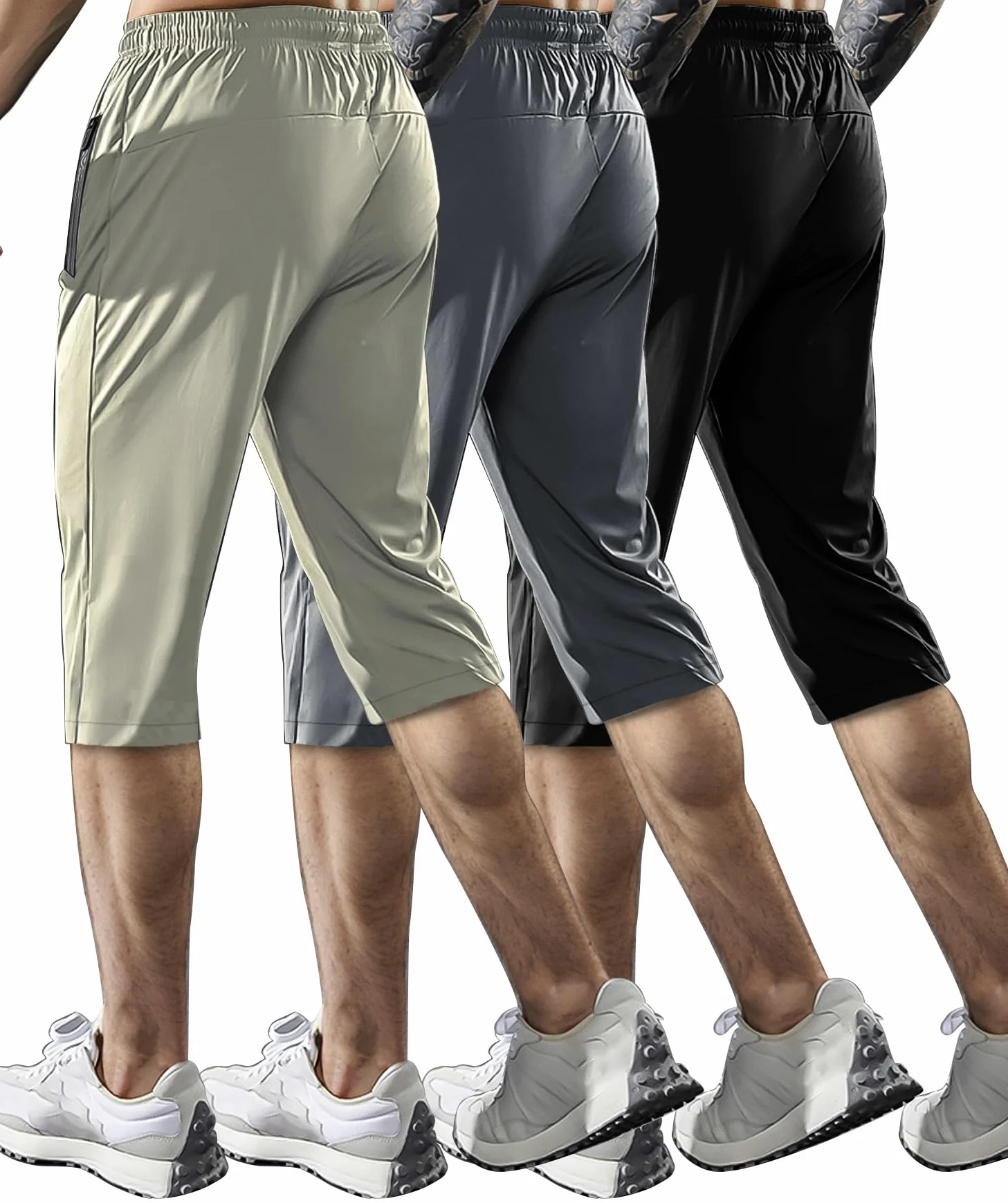 Hidkat Herren-Caprihose,3/4-Jogginghose,Fitness/Training/Wandern,Knielang,leicht,schnell trocknend,mit Reißverschlusstaschen