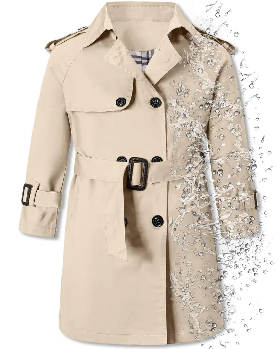 Betusline Wasserdichter Trenchcoat für Jungen, zweireihig, klassisch, mit Gürtel, Outwear, Jacke, Kleid, Mäntel