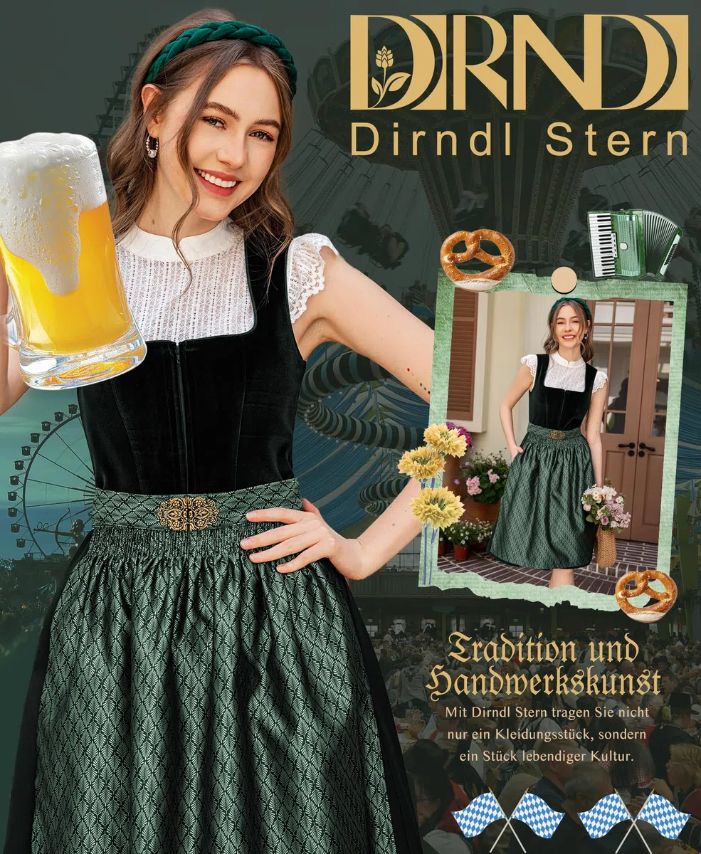 DIRNDLSTERN Damen Trachtenkleid Grün - Trachtenrock Midi Samt Dirndlkleid Oktoberfest Outfit mit Dirndlschürzen