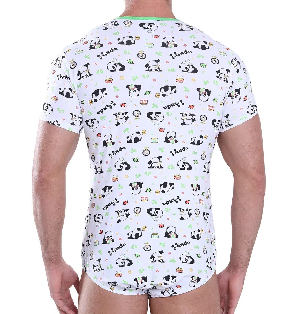 Landofgenie Herren-Einteiler, kurzärmelig, Strampler, Schritt-Shirt, Body, Einteiler, Pyjama, Panda-Druck
