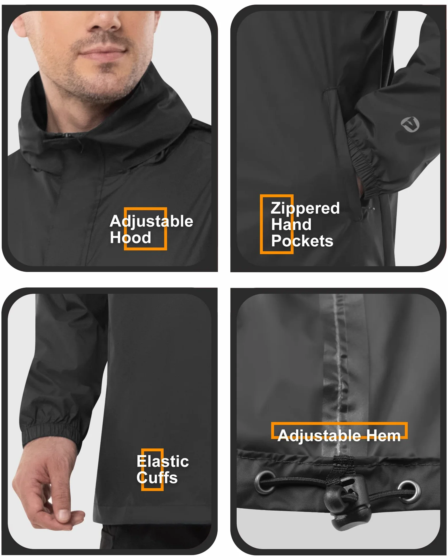 Outdoor Ventures Herren Regenjacke Wasserdichter Pullover mit Kapuze Packbare Reflektierende Jacke Leichte Fahrrad Windjacke Atmungsaktive Softshelljacke für Wandern Laufen Outdoor