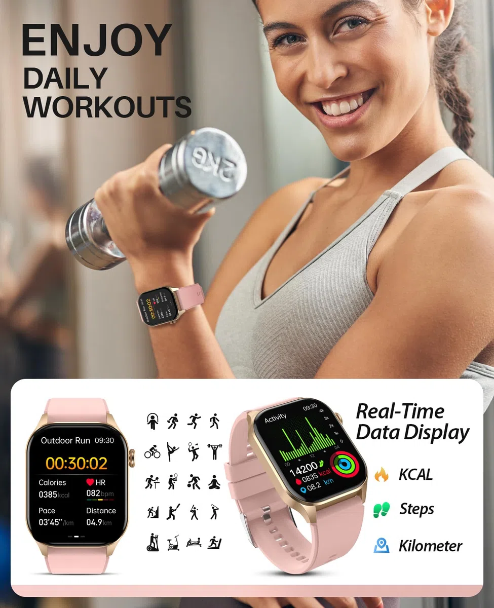 SOUYIE Smartwatch Damen mit Telefonfunktion, 2.04” AMOLED Touchscreen IP68 Wasserdicht Sportuhr mit Blutdruckmessung Pulsmesser Schlafmonitor SpO2 Menstruationszyklus, Uhren für iOS Android