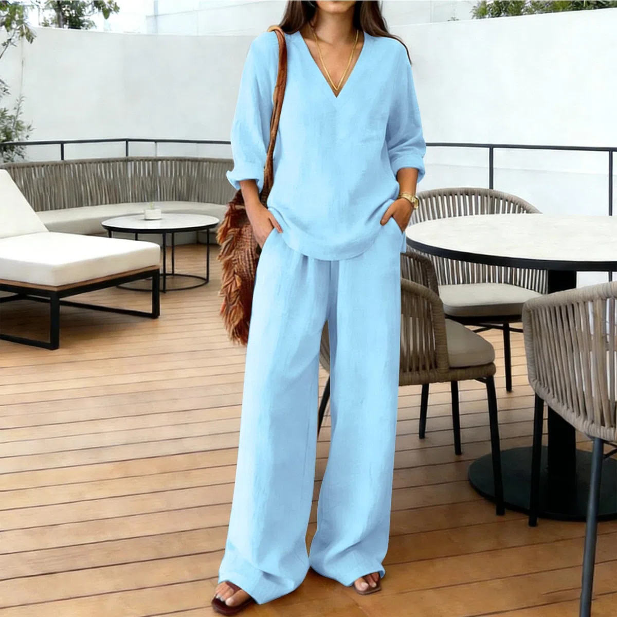 Zweiteiler Damen Sommer Musselin Bluse Hosenanzug 2 Teiler Leinen Hemd Elegant Lounge Set Leicht Loungewear Anzug Freizeitanzug Strand Outfit Kleidung,Jogginganzug Damen Set,Leicht Casual