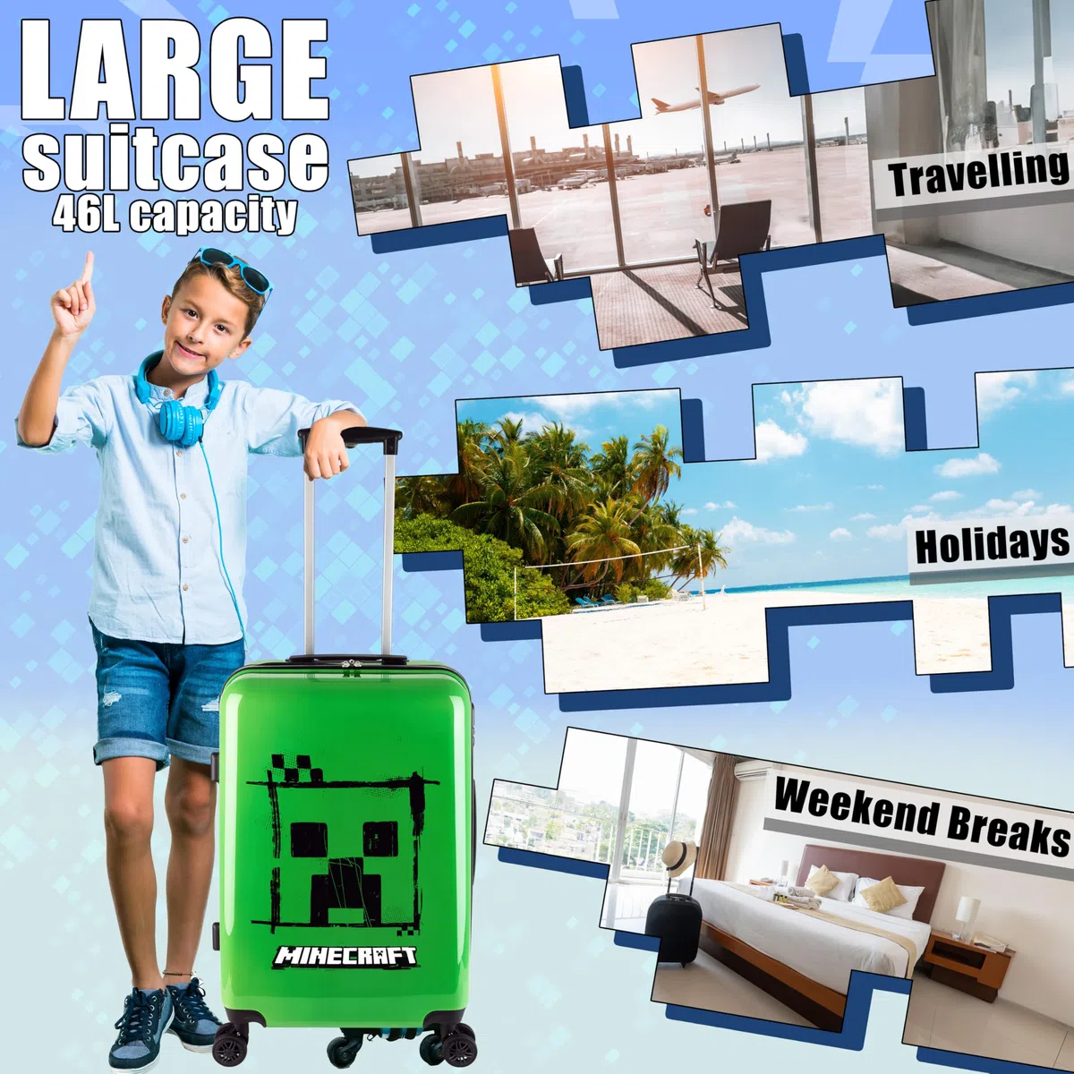 Minecraft Hartschalen Koffer Trolley Kinder Reisekoffer Leicht Reisetrolley 4 Rollen für Mädchen Jungen und Teenager