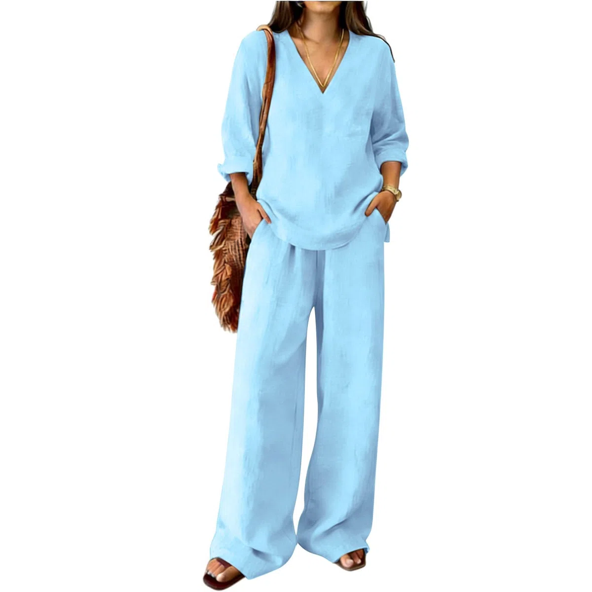 Zweiteiler Damen Sommer Musselin Bluse Hosenanzug 2 Teiler Leinen Hemd Elegant Lounge Set Leicht Loungewear Anzug Freizeitanzug Strand Outfit Kleidung,Jogginganzug Damen Set,Leicht Casual