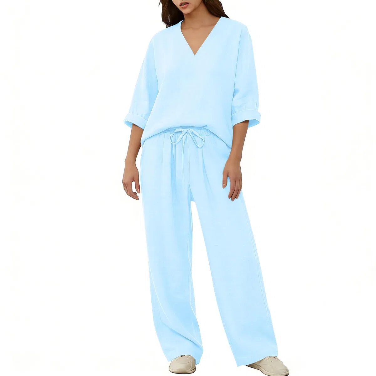 Zweiteiler Damen Sommer Musselin Bluse Hosenanzug 2 Teiler Leinen Hemd Elegant Lounge Set Leicht Loungewear Anzug Freizeitanzug Strand Outfit Kleidung,Jogginganzug Damen Set,Leicht Casual