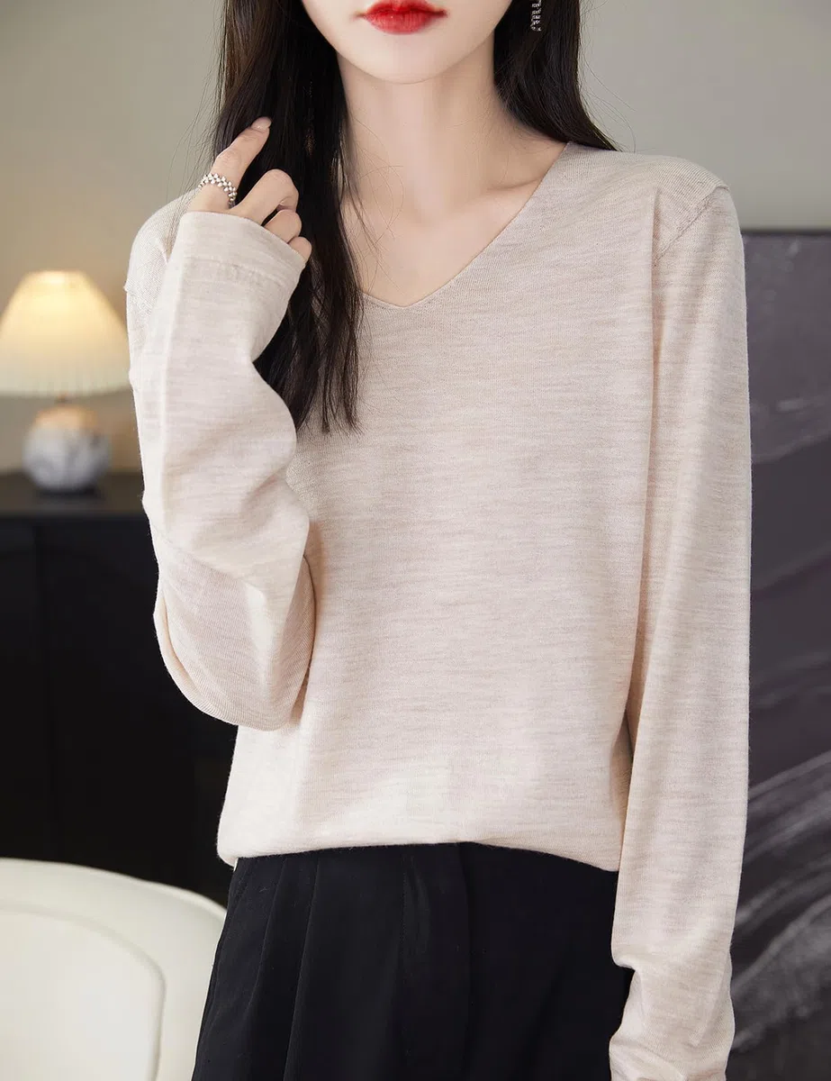 Chanyarn 100% Merino Wolle Shirt Damen Basisschicht V-Ausschnitt Langarm für Reisen Wandern T-Shirt Unterwäsche Oberteil