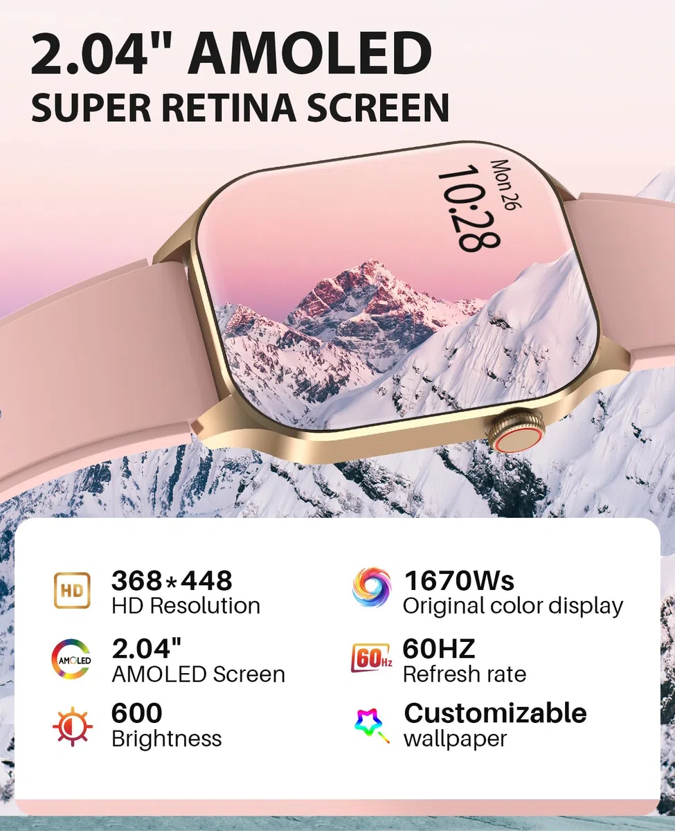 SOUYIE Smartwatch Damen mit Telefonfunktion, 2.04” AMOLED Touchscreen IP68 Wasserdicht Sportuhr mit Blutdruckmessung Pulsmesser Schlafmonitor SpO2 Menstruationszyklus, Uhren für iOS Android