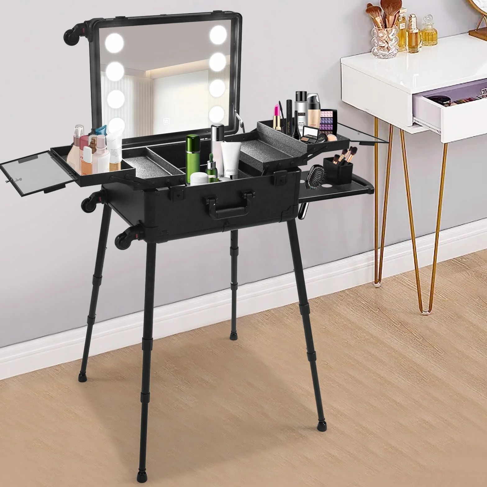 Profi Kosmetikkoffer Trolley, Multifunktional Schminkkoffer, Make Up Koffer mit Spiegel und LED Licht, Friseurkoffer mit Kardanisch & Verstellbare Beine