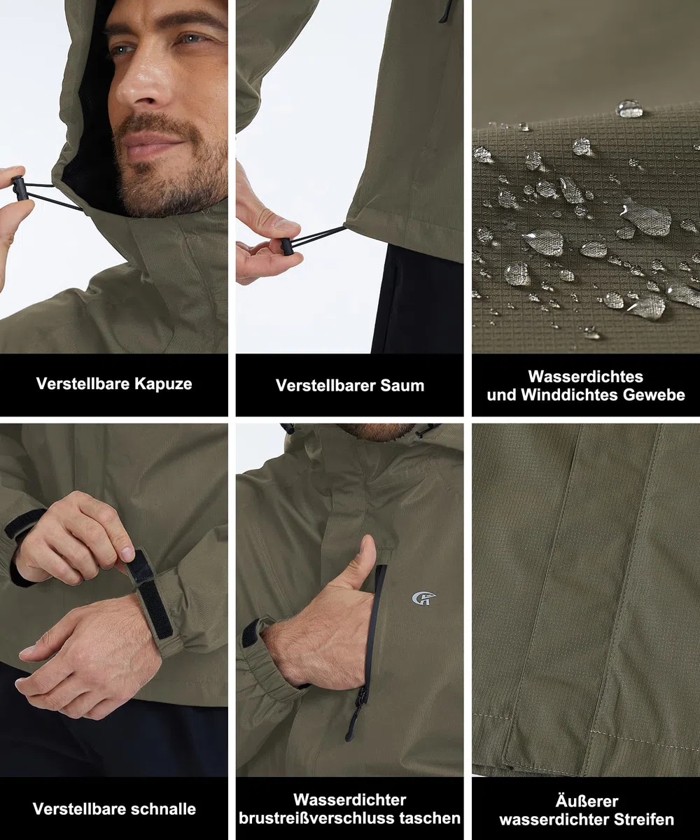 Huayuzh Regenjacke Herren Wasserdicht Atmungsaktiv Leichte Windbreaker Dünne Regenmantel Packbare Fahrrad Camping Wandern