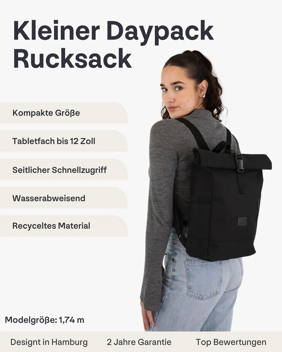 Johnny Urban Rucksack Damen & Herren Klein - Robin Small - Kleiner Rolltop Daypack mit 12 Zoll Laptopfach - Tagesrucksack für Uni City Business - Wasserabweisend