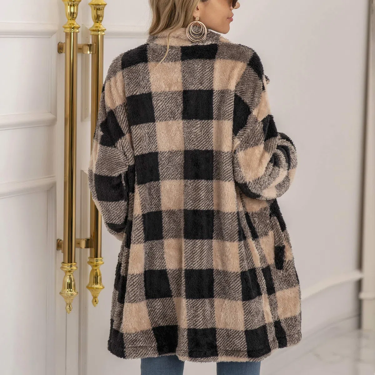 DeaAmyGline Fleecejacke Damen Lang Karierte Winter Jacke Mantel Parka Cardigan Plüschjacke Plüschmantel Wintermantel Winterjacke Fleece Jacken Damenjacken Teddyjacke für Frauen