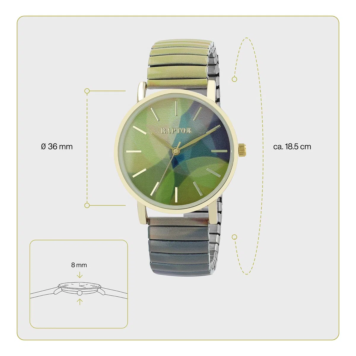 Raptor Colorful Edition Ausgefallene Damenuhr Bunt | Armbanduhr Damen außergewöhnlich mit Zugarmband | Besondere Damenarmbanduhr – Modische Uhr Frauen Senioren