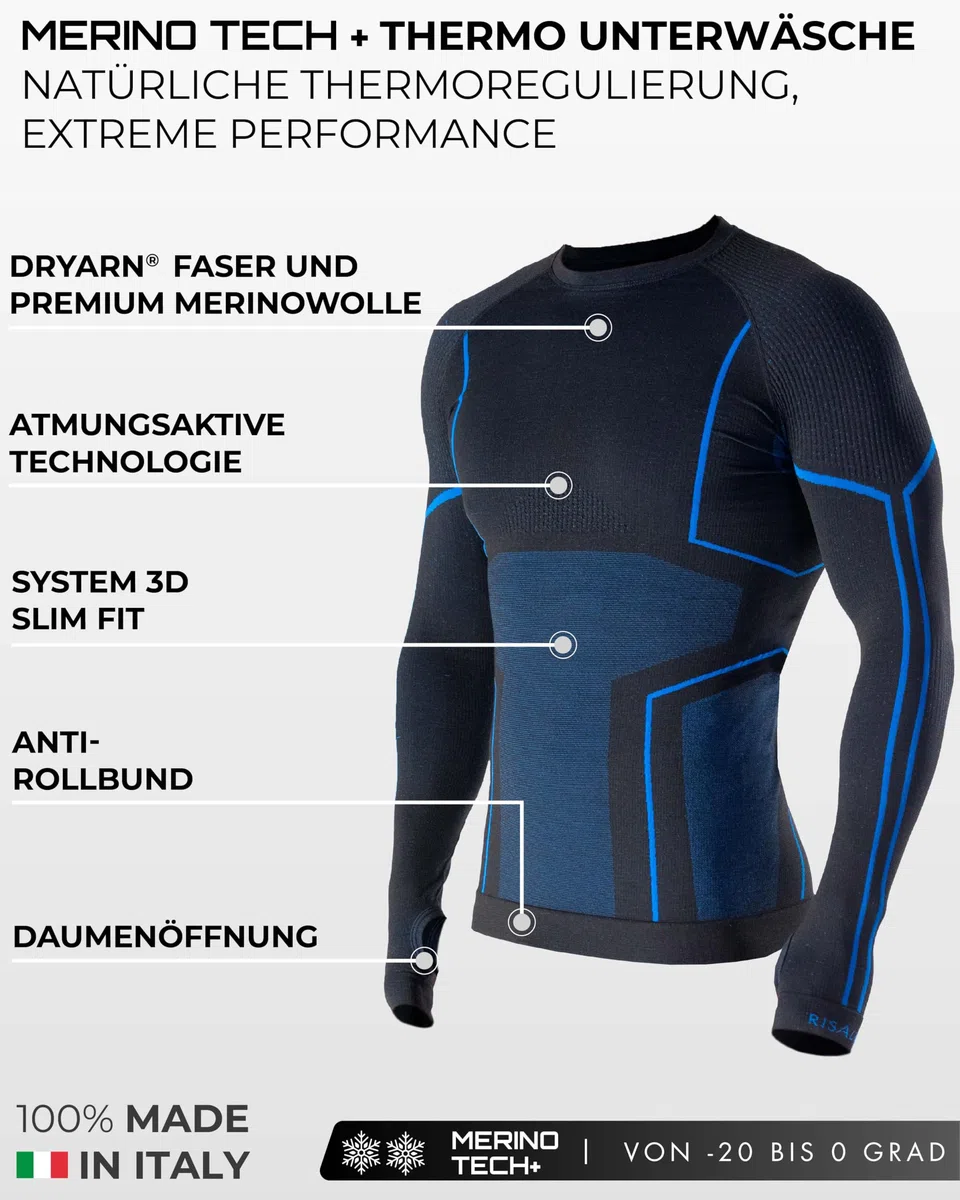 Risalti Thermo-Shirt für Herren, langärmlig, Merino Tech – Thermo-Kompressionsshirts aus Merinowolle, Thermounterwäsche für Herren, Winter, Thermounterwäsche für Herren, nahtlos, hergestellt in