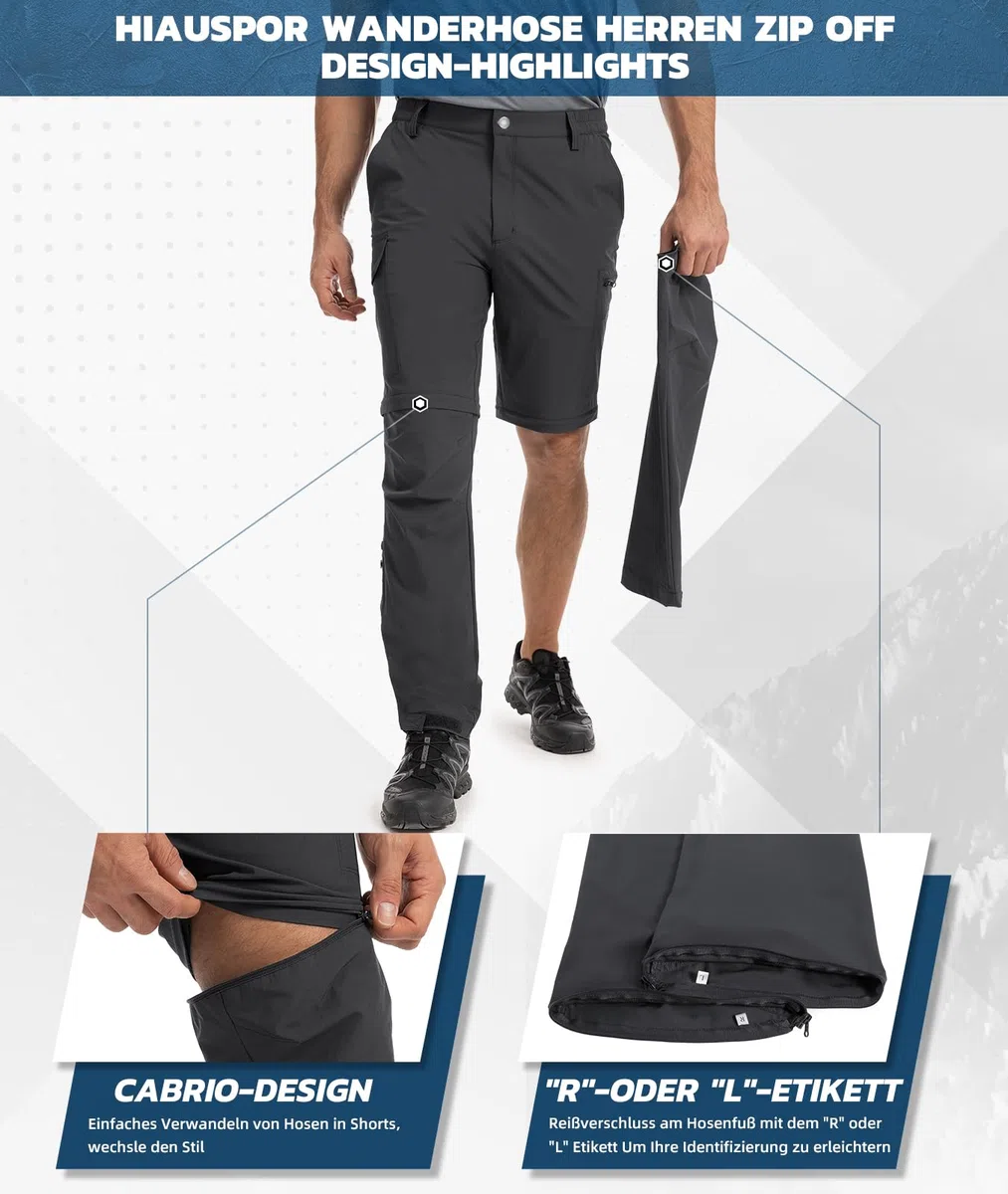 Hiauspor Wanderhose Herren Zip-Off Atmungsaktiv: Outdoor Softshellhose Nylon-Spandex Leicht Schnell Trocknend Sommer mit 5 Tiefen Taschen