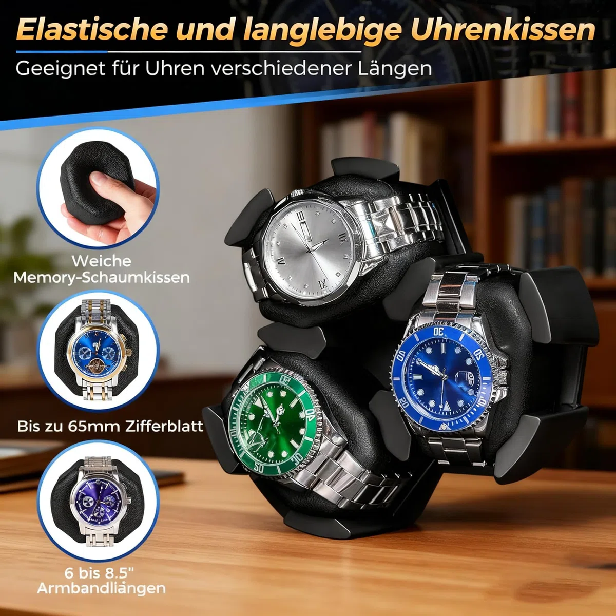 ANWBROAD Uhrenbeweger für Automatikuhren 3 Uhrenrotatoren mit LED und 4 Rotationsmodi Holz Superleiser Japanischer Motor Memory Foam-Kissen mit Adapter Geschenk für den Mann JWW013M