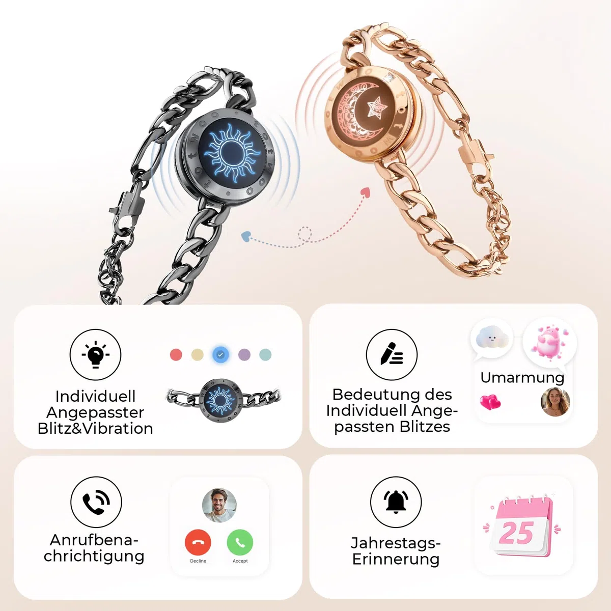 TOTWOO Intelligente Partnerarmbänder für Fernbeziehungen mit App-gesteuerter 1:1-Bluetooth-Kopplung – Romantisches Geschenk mit Leuchten und Vibration bei Berührung, gefertigt aus 316 Edelstahl