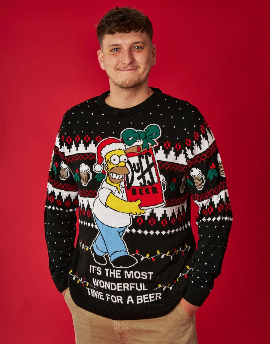 Simpsons Herren-Weihnachtspullover in Schwarz | Homer Simpson It's the Most Wonderful Time for a Beer Strickpullover für Erwachsene | Festlicher Weihnachts-Cartoon-Pullover aus Strickwaren